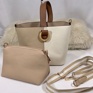 Ellie Tan/Cream Faux Leather Bucket Bag and Cosmetic Case with Crossbody Strap